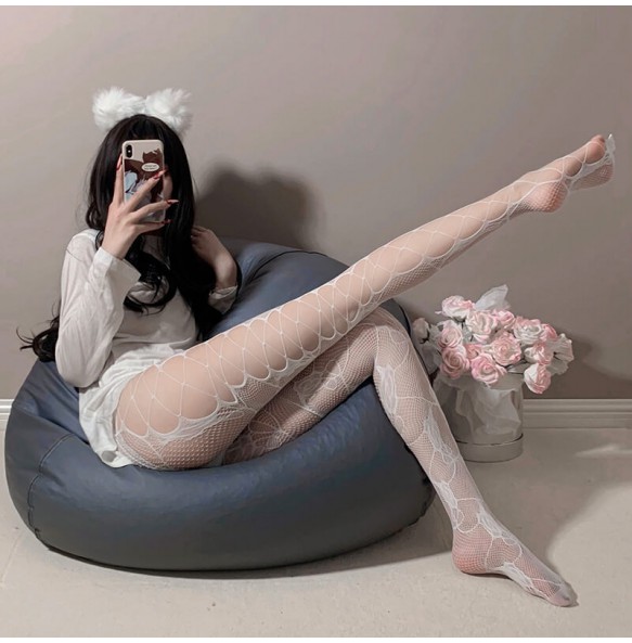 FEE ET MOI - Side Cut-Out Rose Jacquard Fishnet Pantyhose (White)